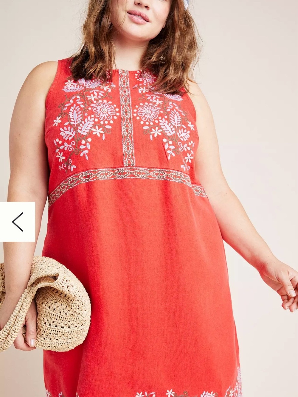 Anthropologie Coral Embroidered Shift Dress with Metallic Trim